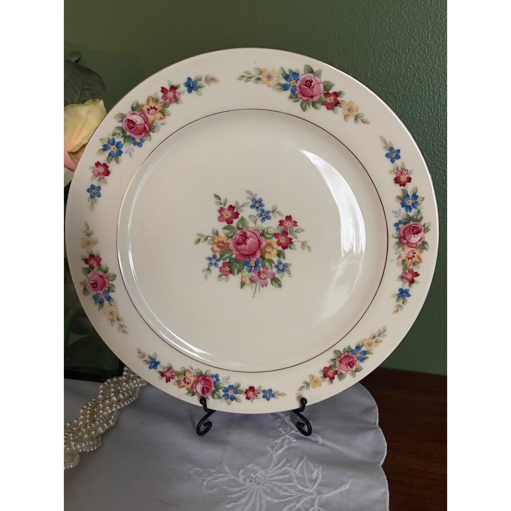 Baronet China Carmen Dinner Plate Pink Floral Gold Trim Czechoslovakia Vintage